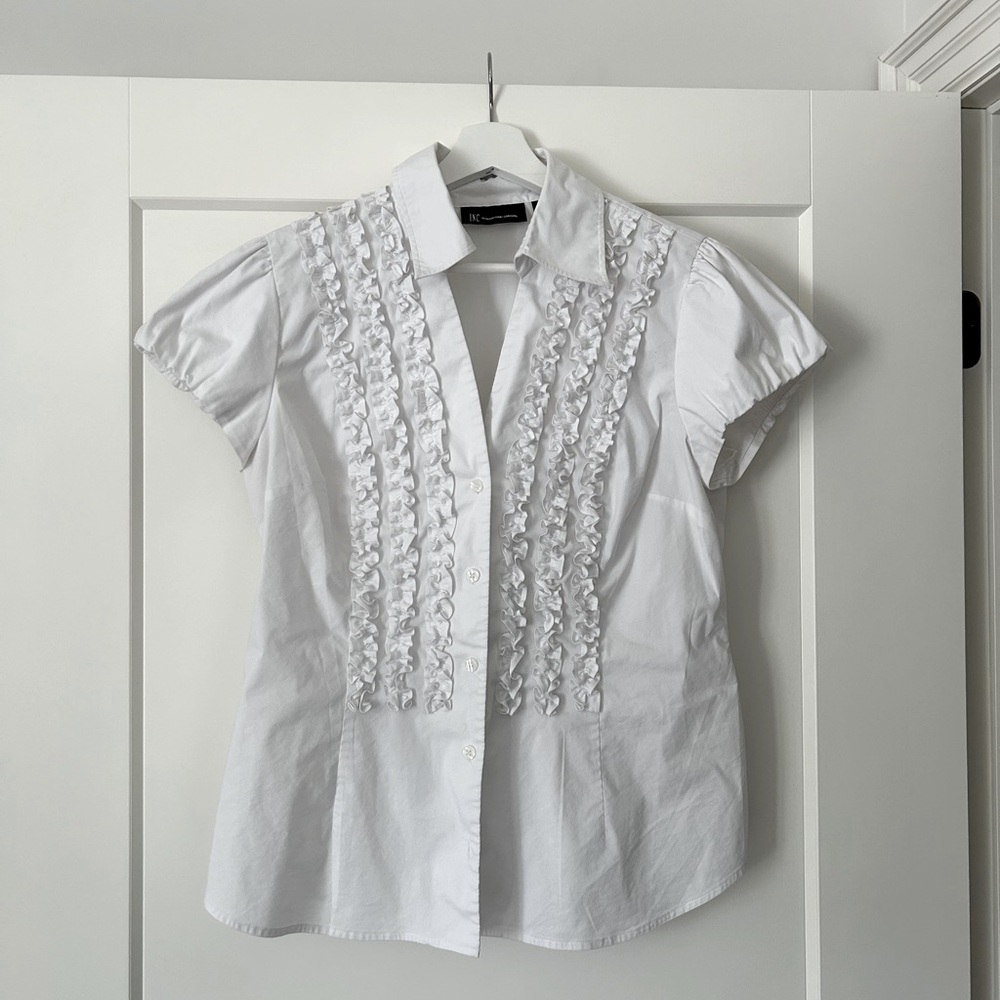 INC International Concepts White Ruffle Button Down Shirt